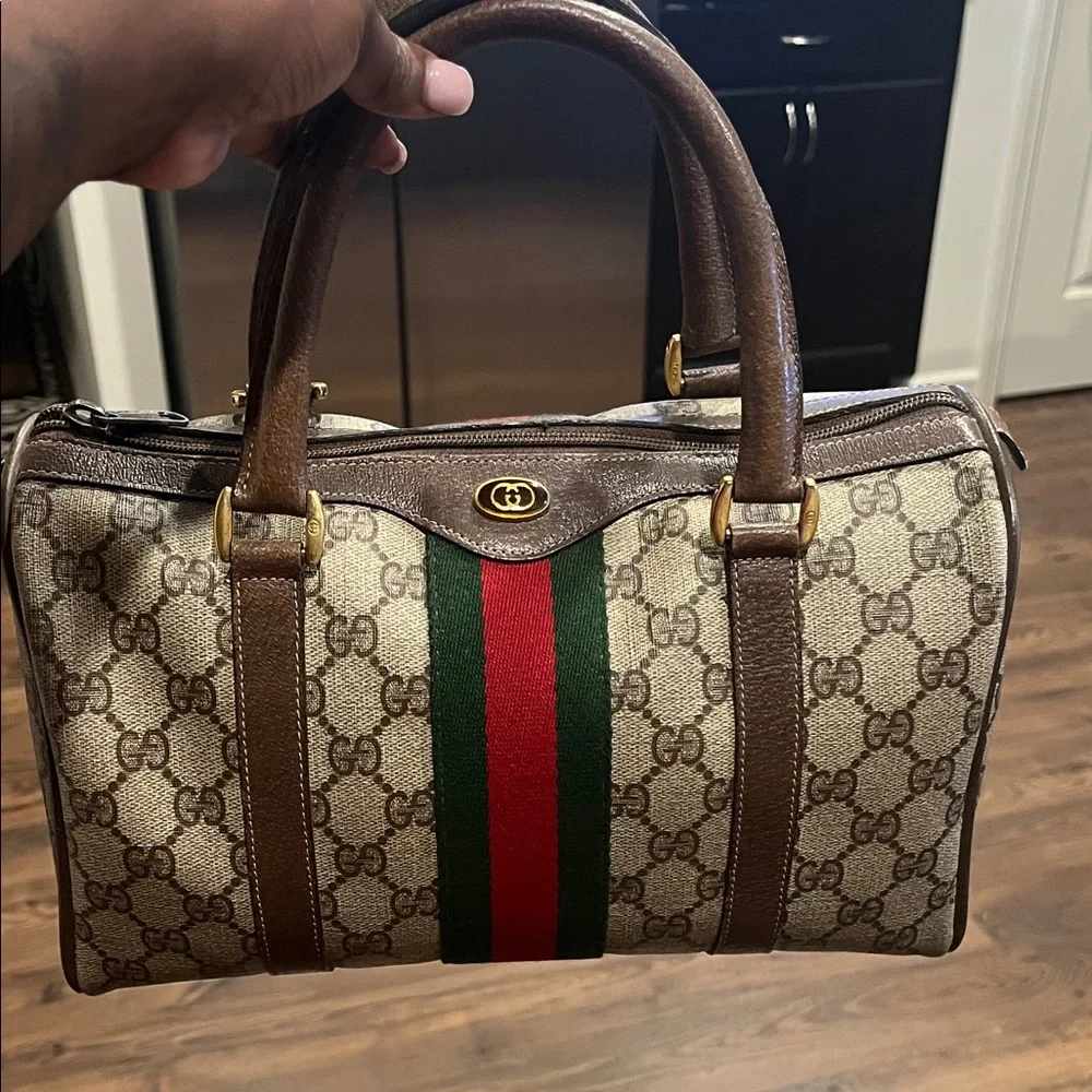 Gucci Beige and Brown Monogram Satchel - Picture 1 of 9